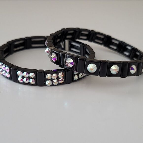 Bracelets Black Crystal Aurora Borealis Stretch Bracelets Set of 2 #0036 - Picture 6 of 13